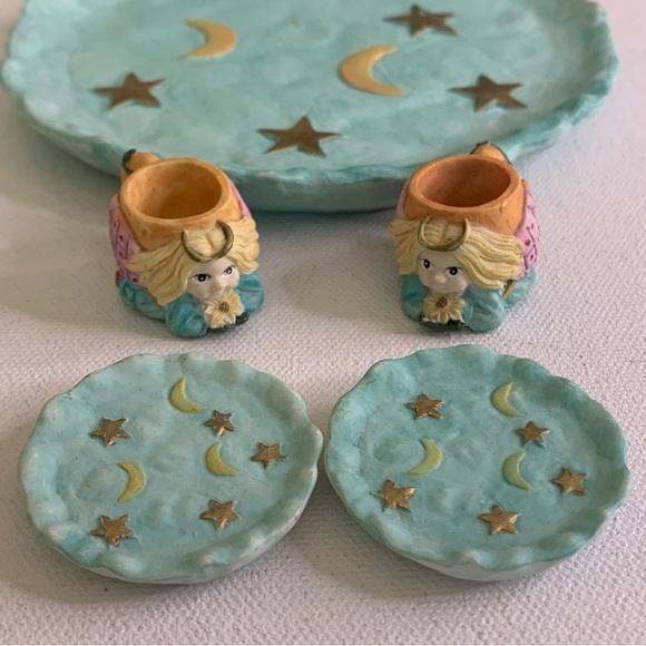 Miniature Tea Set Angels Tea Cups Plates Moon Stars Resin VTG 1995 Young's Inc - Picture 16 of 16